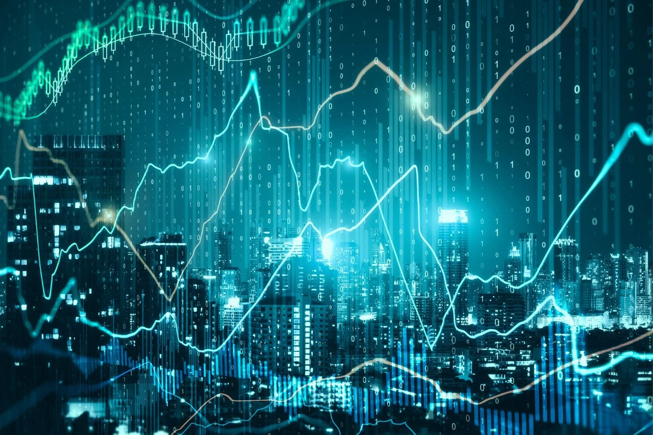 Graphiques financiers sur une ville en arrière-plan, illustrant l'analyse de données financières
