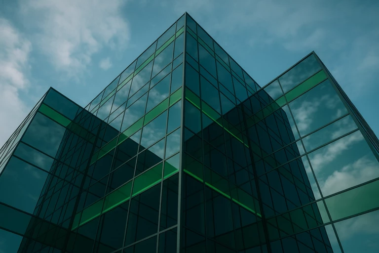A dramatic low-angle digital photograph of a modern glass tower with ultra-clean lines and mirrored surfaces. The symmetrical facade reflects the sky and soft white clouds. Green lighting and beam highlights subtly integrate into the architecture. High contrast with sharp edges and deep glass reflections. No people. Scene suggests sustainable renewal, control, and forward-thinking governance. Created Using: architectural visualization rig, glibatree prompt, symmetrical framing grid, dynamic sky reflection system, green LED facade markers, precision light modeling, cinematic contrast boost, HDR realism tools --ar 16:9