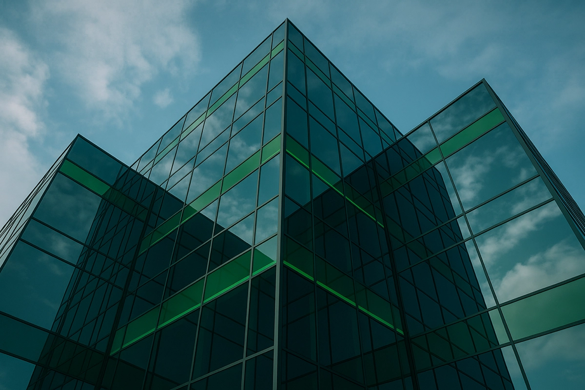A dramatic low-angle digital photograph of a modern glass tower with ultra-clean lines and mirrored surfaces.
The symmetrical facade reflects the sky and soft white clouds. Green lighting and beam highlights subtly integrate into the architecture.
High contrast with sharp edges and deep glass reflections. No people. Scene suggests sustainable renewal, control, and forward-thinking governance.
Created Using: architectural visualization rig, glibatree prompt, symmetrical framing grid, dynamic sky reflection system, green LED facade markers,
precision light modeling, cinematic contrast boost, HDR realism tools --ar 16:9