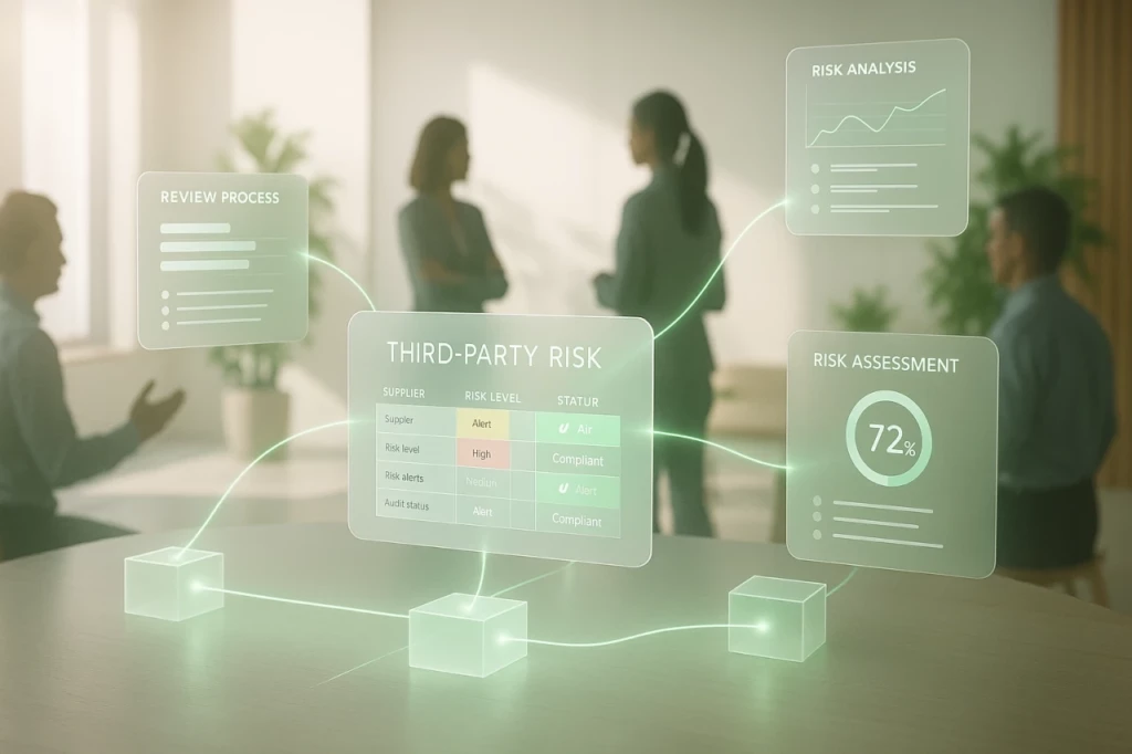 Représentation photo-réaliste d’un système sécurisé de partage de données interconnectées utilisé pour l’évaluation des risques tiers. Des dashboards translucides flottants sont reliés entre eux par des traînées lumineuses vertes douces, formant un réseau collaboratif entre plusieurs entités.
Éclairage ambiant doux avec un fond lumineux, architecture claire, textures bois discrètes, et plantes d’intérieur floutées en arrière-plan.
Des silhouettes de professionnels suggèrent la collaboration sans être centrales dans l’image.
Ambiance : ouverte, structurée, responsable, efficace. Créé avec un éclairage d’entreprise doux, des éléments d’interface transparents, des flux de données verts, un environnement technologique humanisé, glibatree prompt, format 16:9.