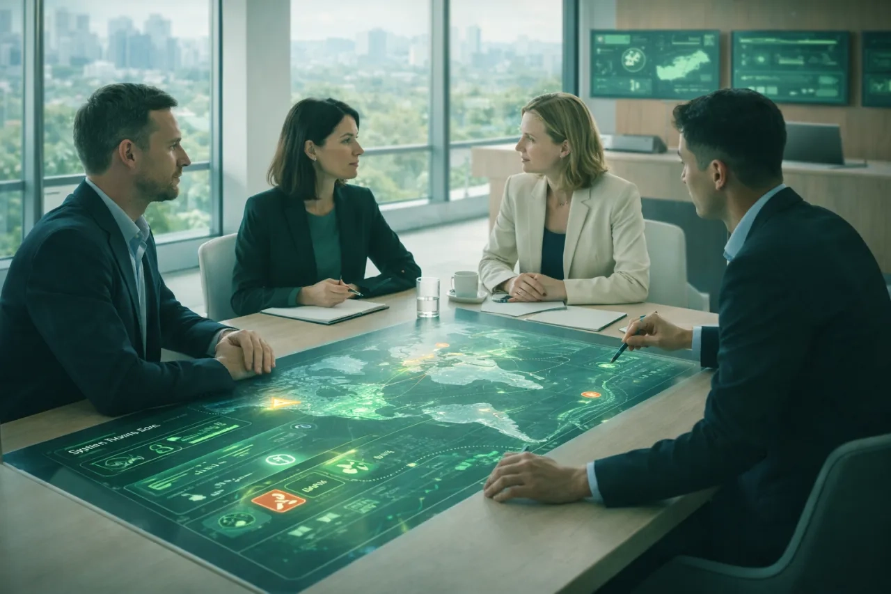 Photographie réaliste d’un open space européen contemporain, lumineux et épuré, avec de grandes baies vitrées donnant sur une ville moderne. Au centre, un groupe mixte de professionnels (2 femmes, 2 hommes) de différents services (cyber, RSE, achats, juridique), réunis autour d’une grande table connectée. Devant eux, un écran digital intégré à la table projette une cartographie des fournisseurs (zones Europe / monde), des alertes ESG, et des flux de données en temps réel