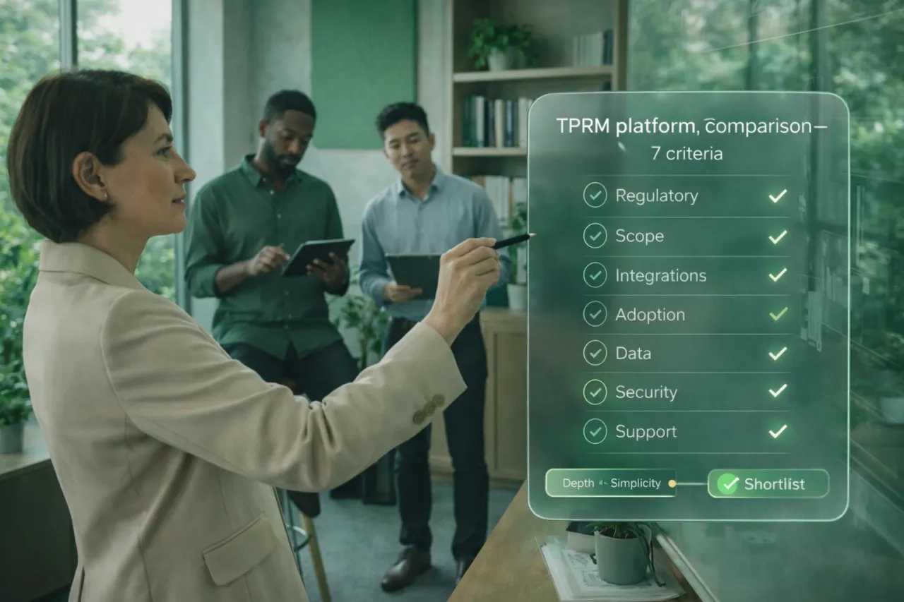 Inclusive team comparing TPRM platforms in a bright European office with green-and-warm tones, using a glass board and a minimal overlay showing seven evaluation criteria.