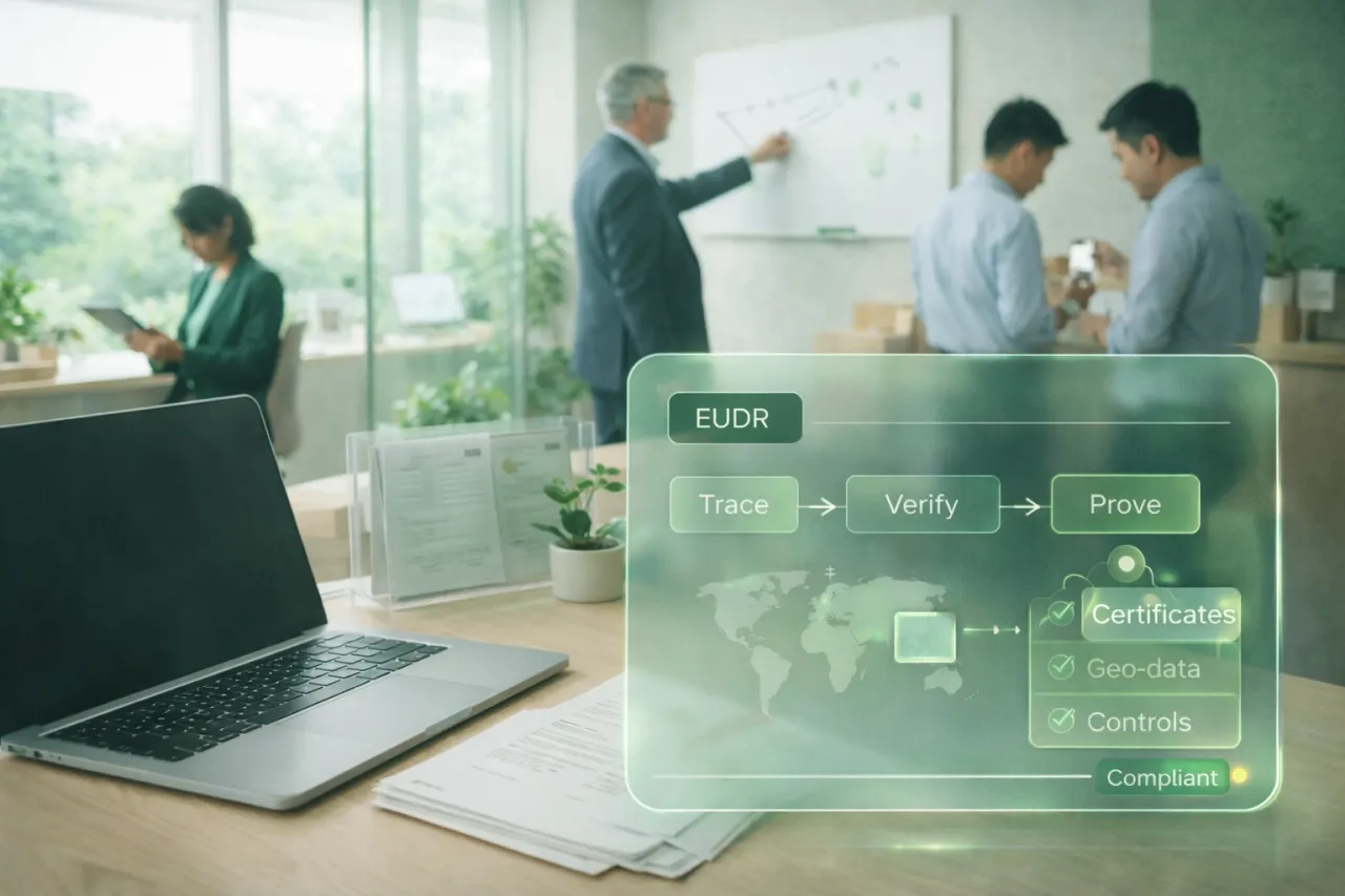 Bright, airy European office with a diverse team documenting EUDR due diligence, featuring a glassmorphism overlay on a desk showing trace, verify, and prove steps with an evidence trail.