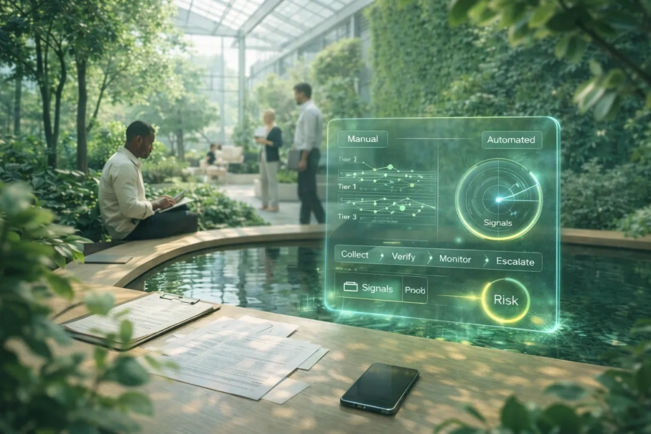 Biophilic indoor garden office with a diverse team and a holographic AR TPRM dashboard rising from a water reflection, contrasting manual paperwork with automated monitoring and alerts.