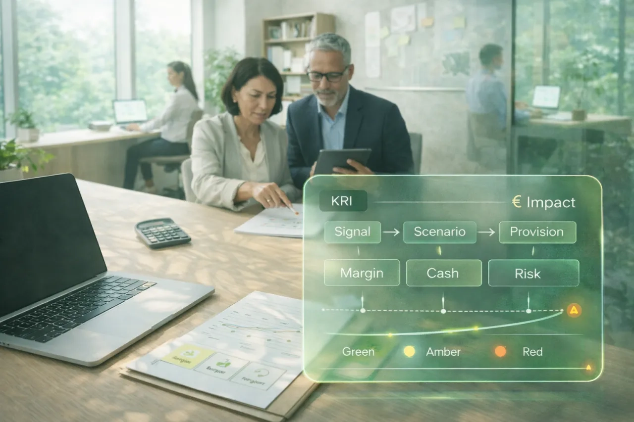 Bright European finance workspace showing a diverse team linking supplier KRIs to financial objectives, with a glassmorphism overlay connecting risk signals to margin, cash, and forecast impact