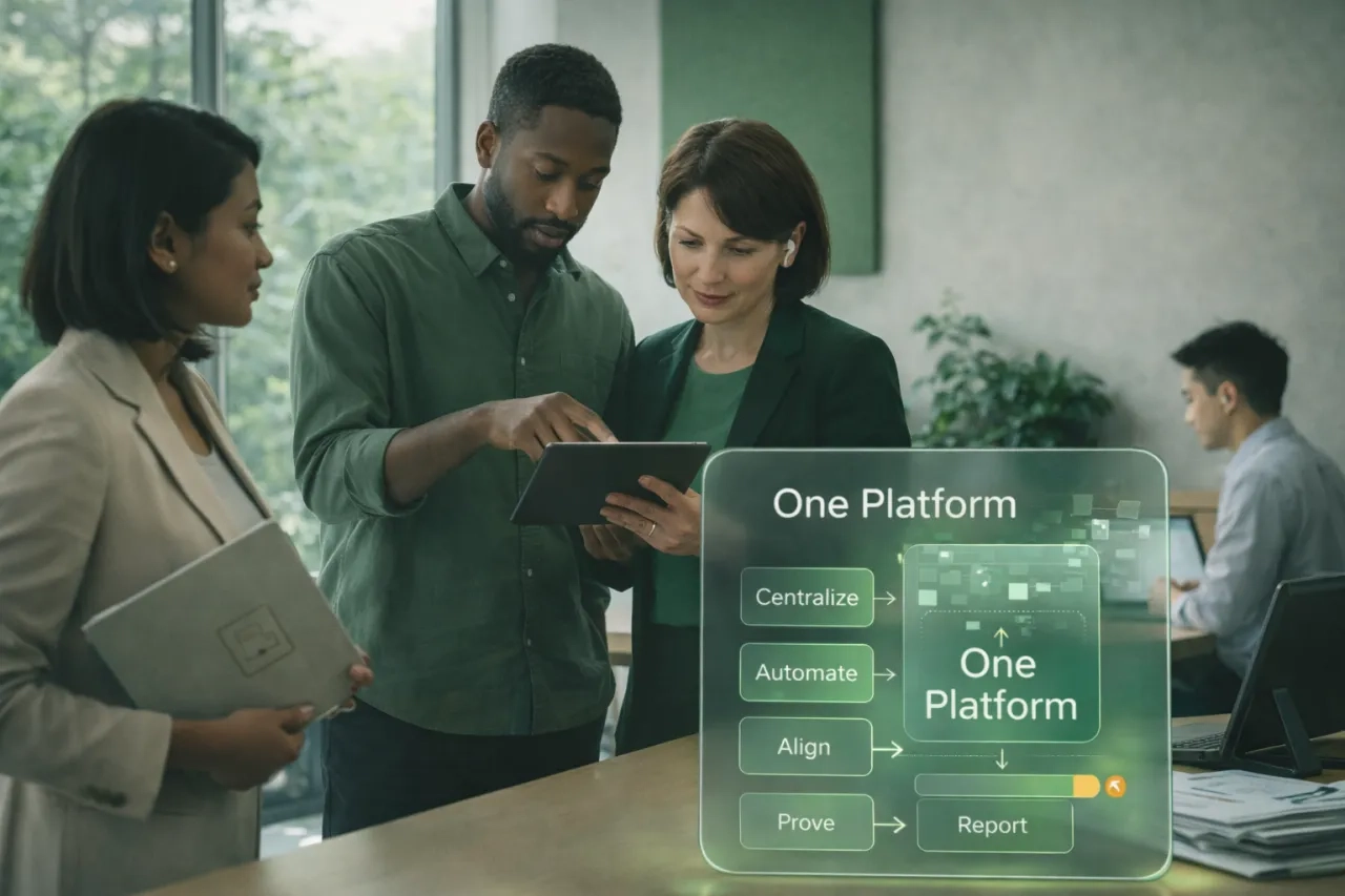 Procurement and Compliance colleagues collaborating near a window in a green-toned office, with a glassmorphism overlay showing one TPRM platform that centralizes, automates, and supports reporting.