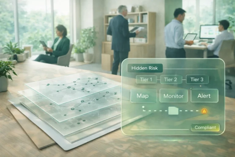 Bright European office desk scene showing layered supplier tiers and hidden supply chain risk, with a glassmorphism overlay highlighting tier 1 to tier 3 mapping, monitoring, and alerts