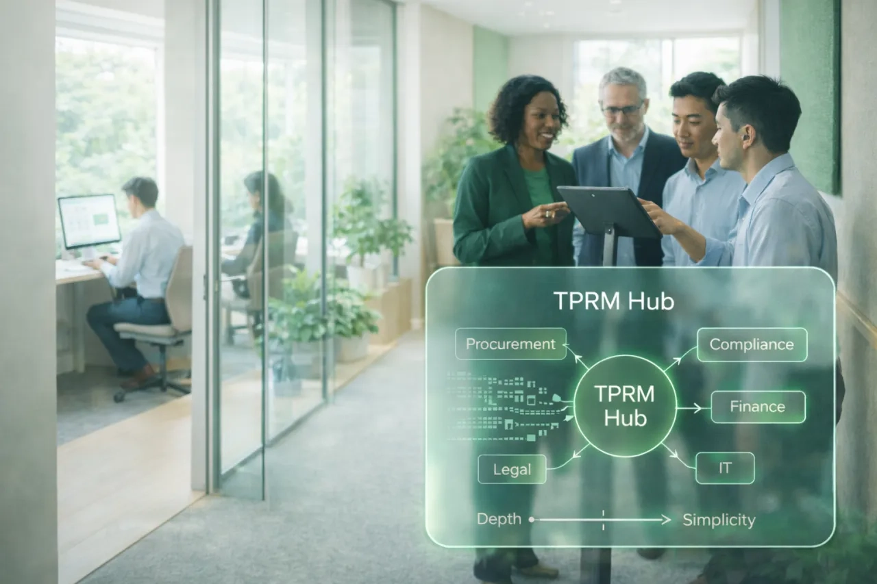 Bright, airy European office scene showing teams breaking silos, with a glassmorphism overlay of a TPRM hub connecting Procurement, Legal, Compliance, Finance, and IT.