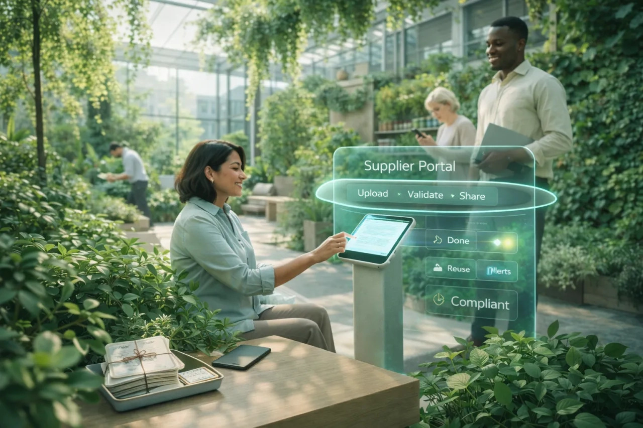 Rooftop greenhouse office with a diverse supplier team using a futuristic portal kiosk, showing upload-validate-share automation and reduced paperwork through a modern holographic UI.