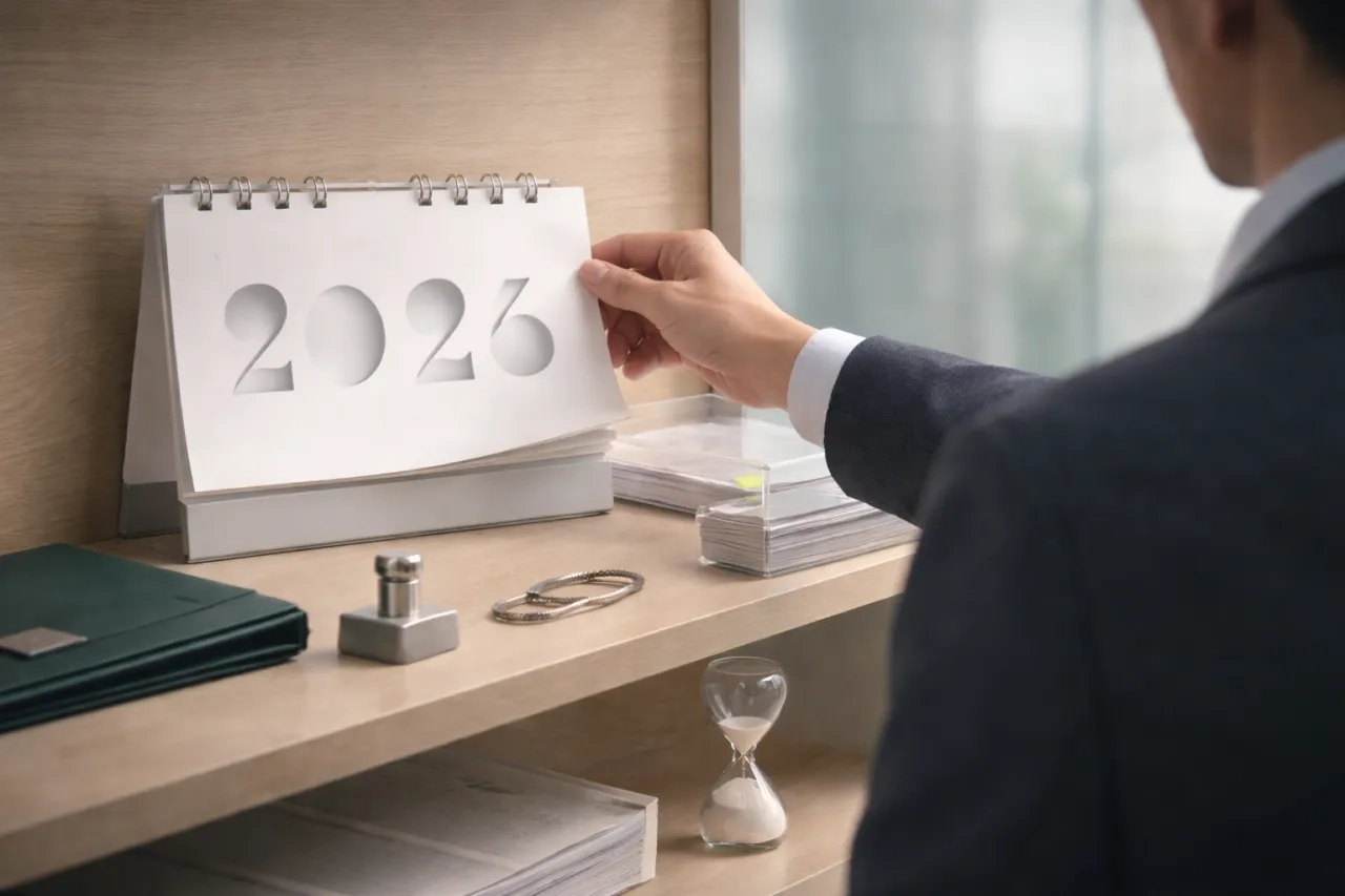 Sc&egrave;ne lumineuse en bureau moderne : une main bascule un calendrier abstrait vers 2026, avec dossier vert et &eacute;l&eacute;ments de tra&ccedil;abilit&eacute;, illustrant le point de bascule vers l&rsquo;automatisation de la gestion des tiers.