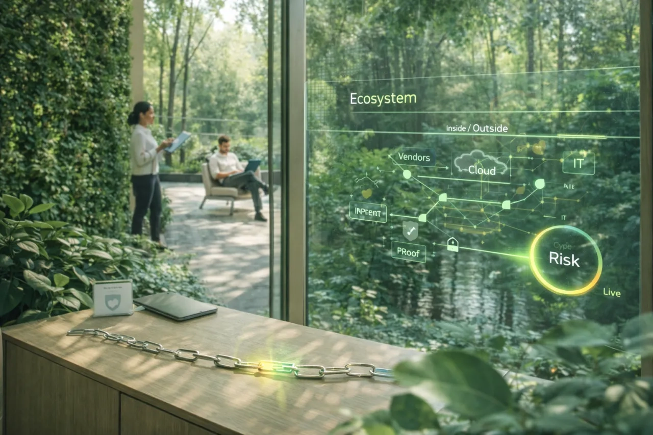 Forest-edge glass pavilion office showing a diverse team and a window-anchored AR overlay mapping cyber risk across the vendor ecosystem, highlighting the &lsquo;weak link&rsquo; concept.