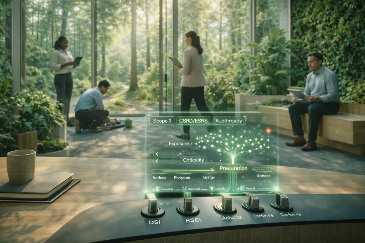 Gouvernance cybers&eacute;curit&eacute; des tiers : &eacute;quipe Achats, DSI, RSSI et Conformit&eacute; dans un pavillon vitr&eacute; en lisi&egrave;re de for&ecirc;t, avec interface futuriste de pilotage TPRM affichant une matrice criticit&eacute;/exposition.