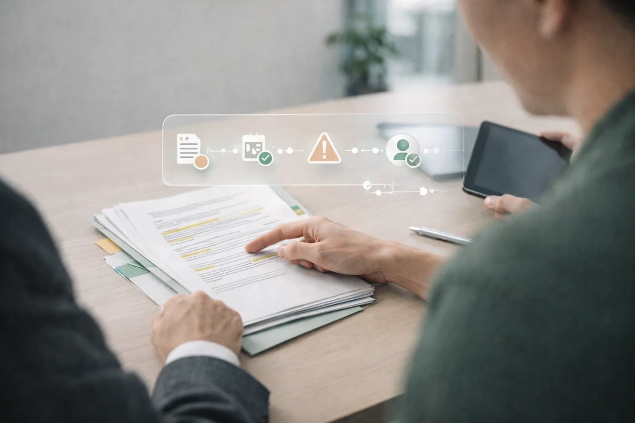 Deux profils achats et conformité analysent des documents fournisseurs : contrôle automatisé par IA (classification, validité, détection d’anomalies) avec validation humaine sur les exceptions.