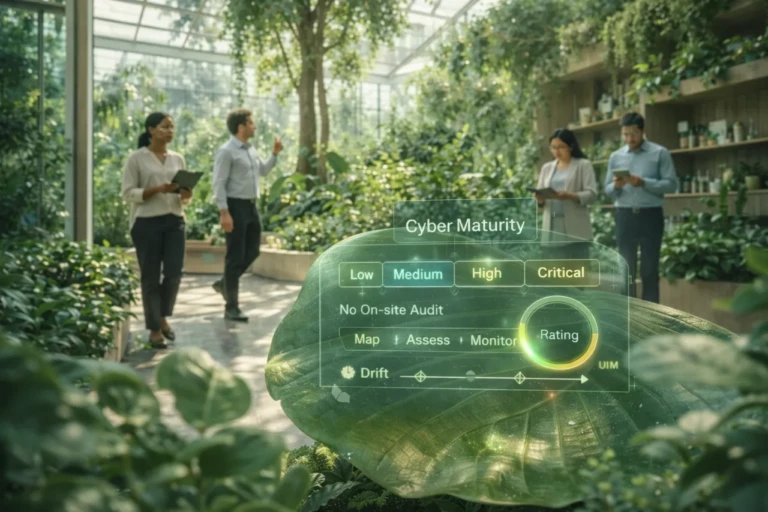 Botanical atrium office scene with a diverse team using modern AR projections to monitor suppliers’ cyber maturity remotely, showing risk tiers and continuous cyber ratings without on-site audits.