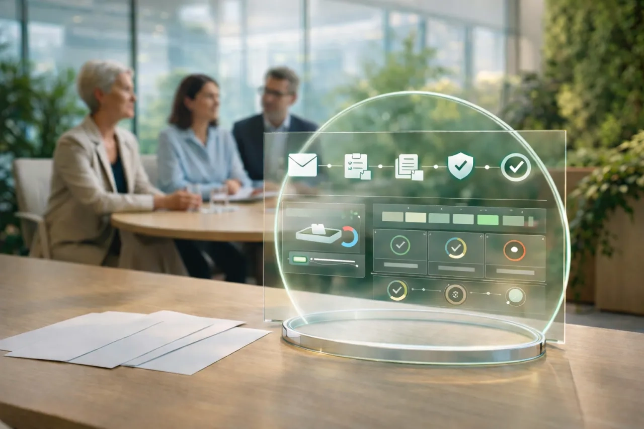 Scène corporate lumineuse et végétalisée : une équipe échange autour d’une table tandis qu’une interface holographique futuriste illustre un onboarding fournisseurs automatisé (workflow, portail, contrôles de conformité et scoring multi-risques) sans texte lisible.