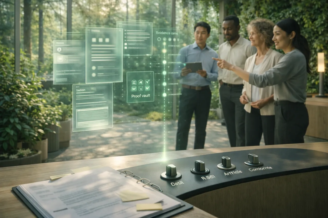 Dossier d&rsquo;audit cyber fournisseur avec preuves centralis&eacute;es dans un classeur, enrichi d&rsquo;une interface futuriste en r&eacute;alit&eacute; augment&eacute;e dans un espace de travail lumineux entour&eacute; de v&eacute;g&eacute;tation.