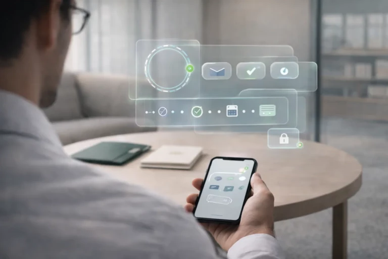 Scène lumineuse en bureau moderne : un fournisseur interagit avec un portail tiers gratuit via une interface AR en glassmorphism (cartes en lévitation, icônes sans texte), pour suivre les statuts et réduire les échanges email/téléphone.
