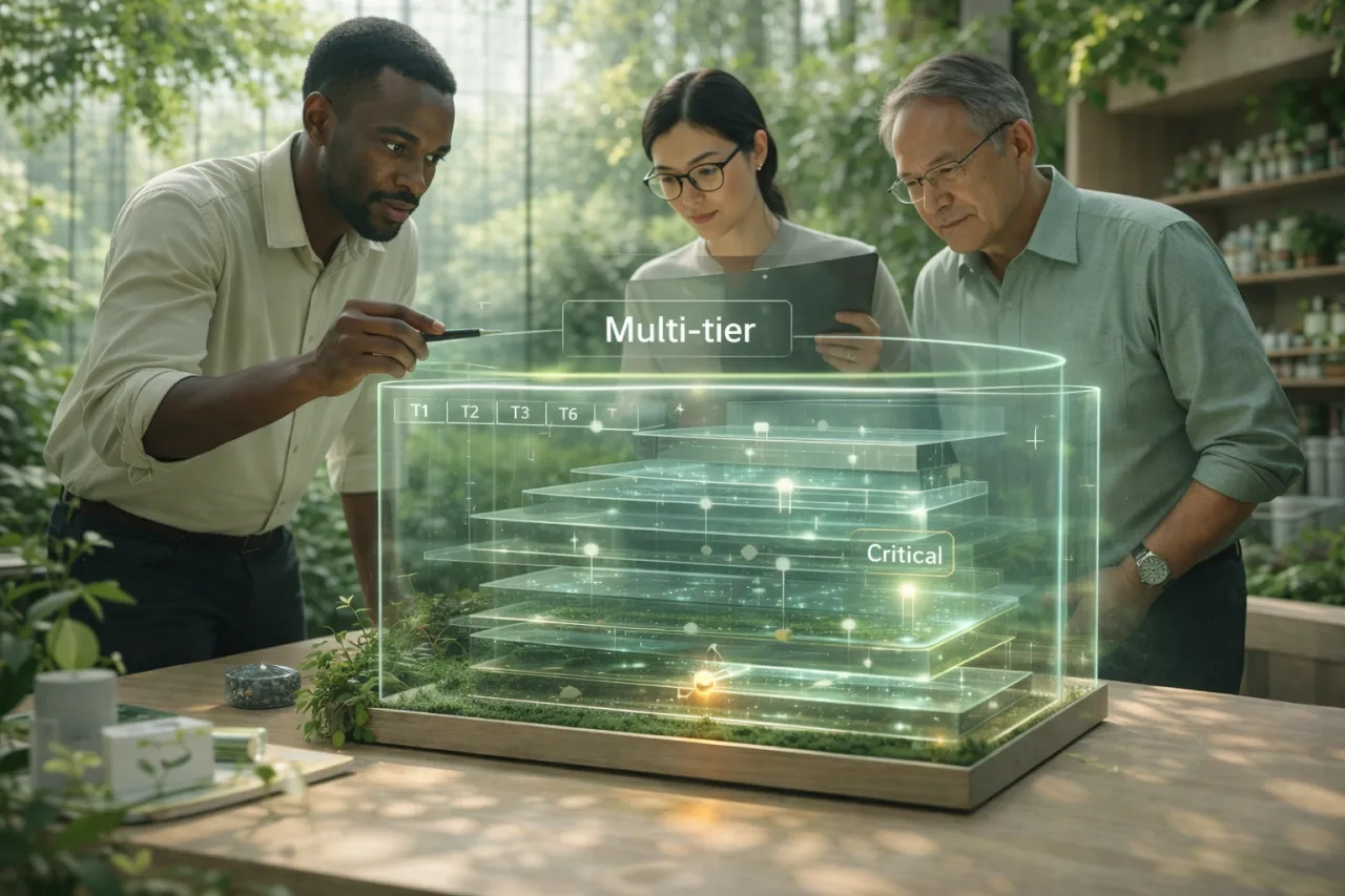 Greenhouse lab scene showing a layered multi-tier supply chain model inside a glass terrarium, highlighting a small but critical supplier node with a modern AR overlay