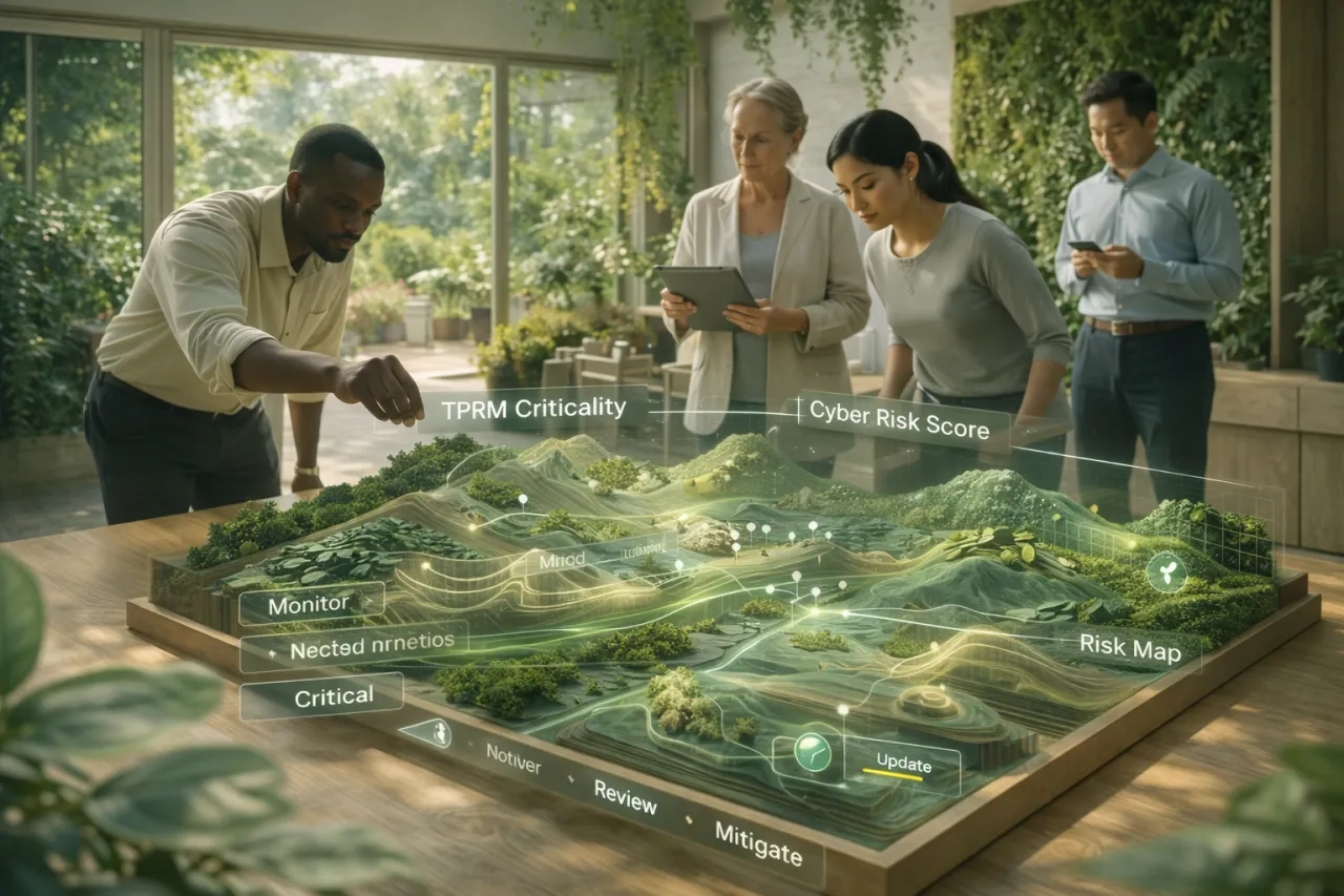 Biophilic workshop scene with a 3D topographic risk map and projected AR overlay combining &lsquo;Cyber Risk Score&rsquo; and &lsquo;TPRM Criticality&rsquo; to integrate third-party cyber risk into the enterprise risk map.