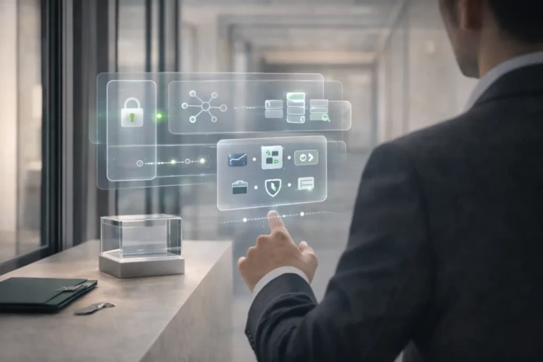 Couloir de bureau lumineux avec interface AR en glassmorphism illustrant un pilotage cyber des risques fournisseurs : contrôle d’accès zero-trust, monitoring continu et transparence logicielle, porté par un leader IT.
