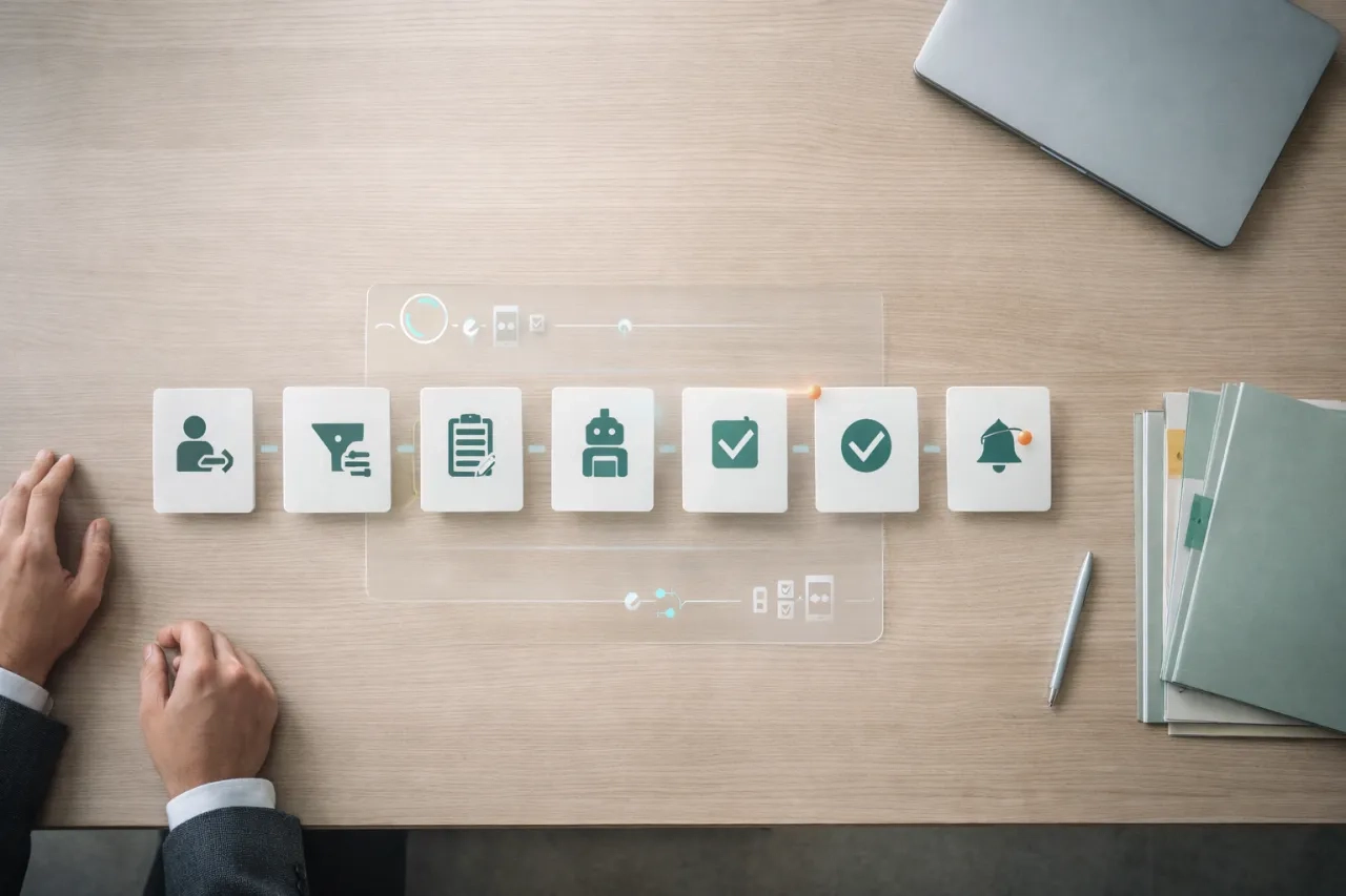 Vue de dessus d&rsquo;un parcours TPRM automatis&eacute; : &eacute;tapes d&rsquo;&eacute;valuation et de suivi des tiers organis&eacute;es en workflow pour permettre &agrave; une petite &eacute;quipe de piloter des milliers de fournisseurs.