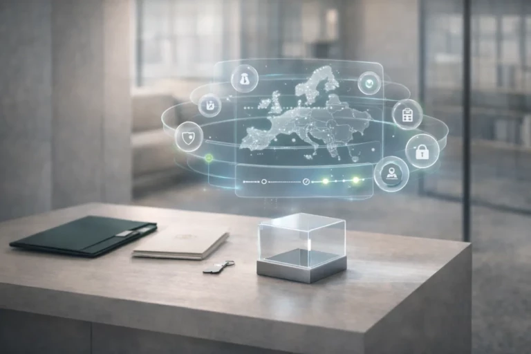 Interface AR en glassmorphism en lévitation représentant l’Europe et des couches de risque (cyber, financier, ESG, juridique, souveraineté) pour illustrer une gouvernance TPRM continue et audit-ready.