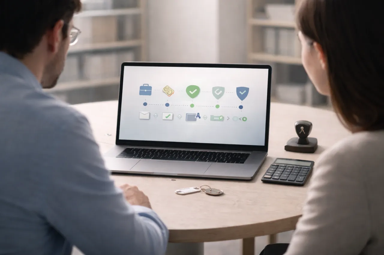 Vue par-dessus l’épaule de deux collaborateurs devant un écran illustrant une plateforme TPRM unique : un parcours fournisseur partagé qui décloisonne Achats, Finance et Conformité.