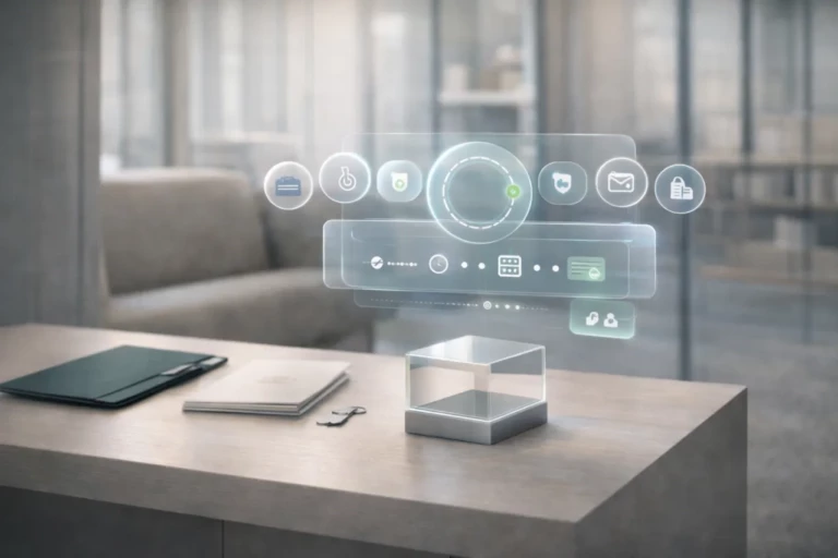 Interface AR en glassmorphism en lévitation représentant les utilisateurs d’une plateforme TPRM tout-en-un : icônes Achats, Finance, Conformité, RSSI, Juridique/DPO et portail fournisseurs convergeant vers un référentiel unique.