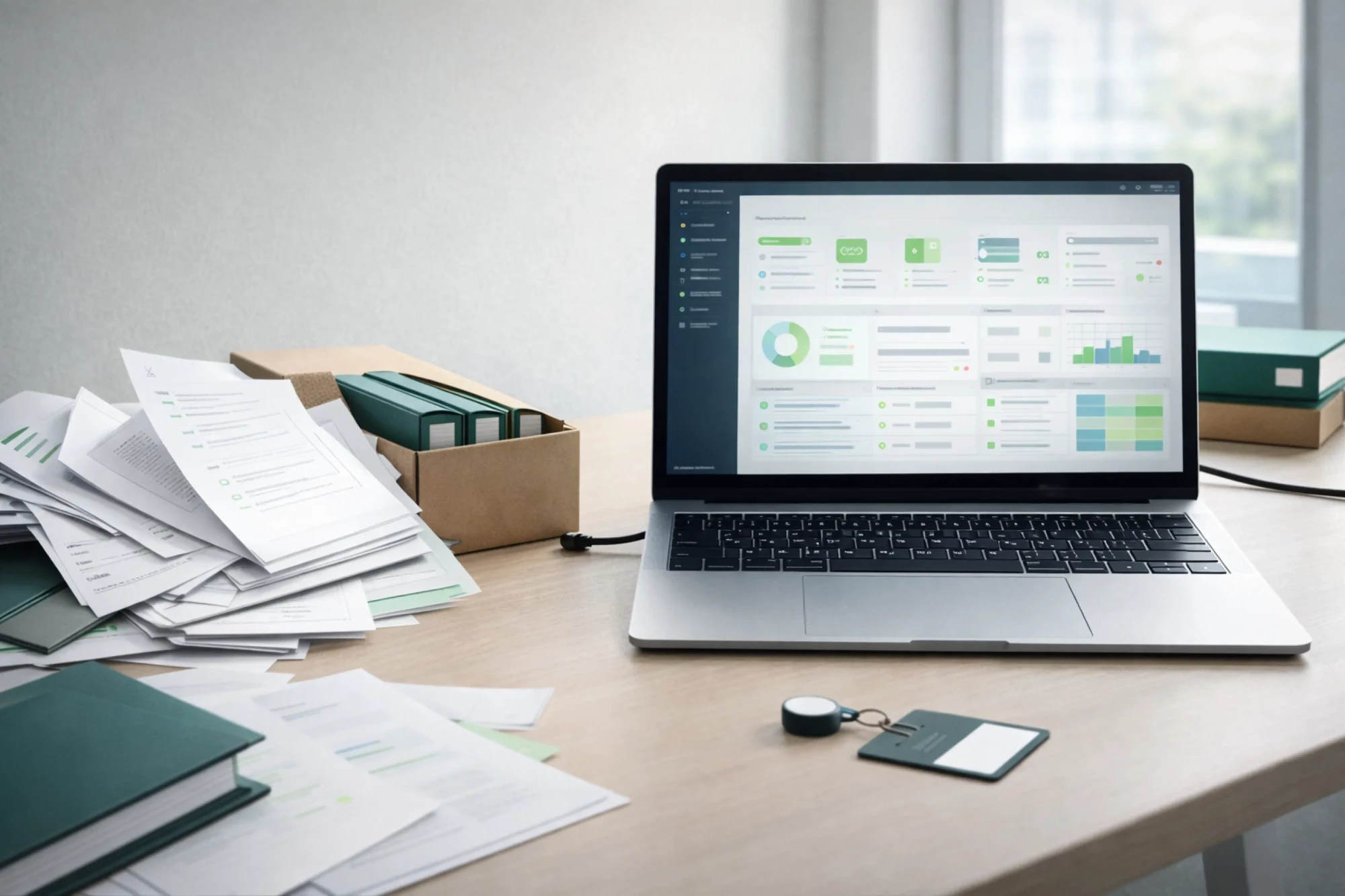 Bureau professionnel illustrant le passage d&rsquo;&eacute;changes manuels d&eacute;sorganis&eacute;s vers une plateforme digitale centralis&eacute;e et automatis&eacute;e pour la gestion des tiers.