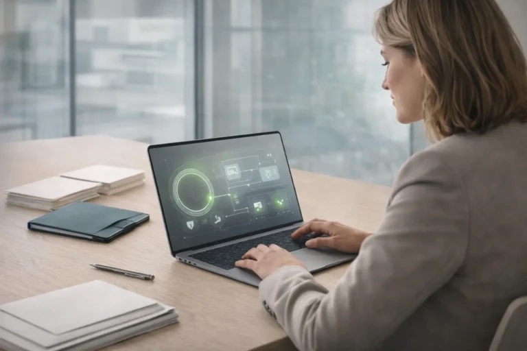 Professionnel Achats ou Conformité travaillant sereinement sur un poste moderne avec interface automatisée discrète en arrière-plan, illustrant l’automatisation comme support stratégique et non remplacement des équipes.