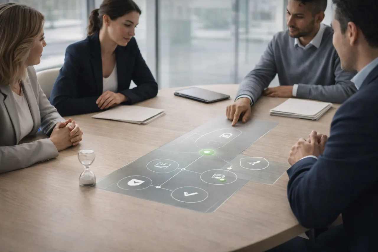 R&eacute;union strat&eacute;gique en salle vitr&eacute;e illustrant l&rsquo;alignement Achats, Conformit&eacute;, IT et Risques pour s&eacute;curiser l&rsquo;adoption d&rsquo;un projet d&rsquo;automatisation TPRM, avec interface moderne int&eacute;gr&eacute;e symbolisant la gouvernance partag&eacute;e.