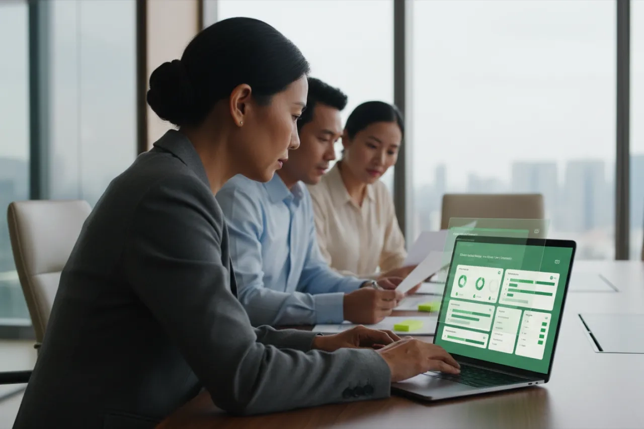 Dirigeante et équipe en salle de réunion moderne analysant un tableau de bord risques clair et concis, avec repères visuels verts montrant KRI, seuils d’alerte, tendances, plans d’action et priorités de décision pour la direction.