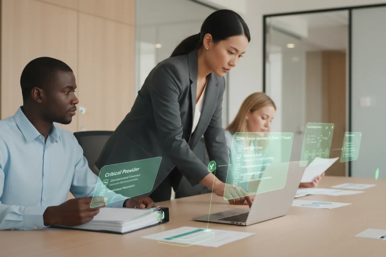 DORA prestataires : équipe sécurité dans un bureau lumineux examinant des exigences contractuelles, des preuves de contrôle et une stratégie de sortie pour des prestataires IT critiques.