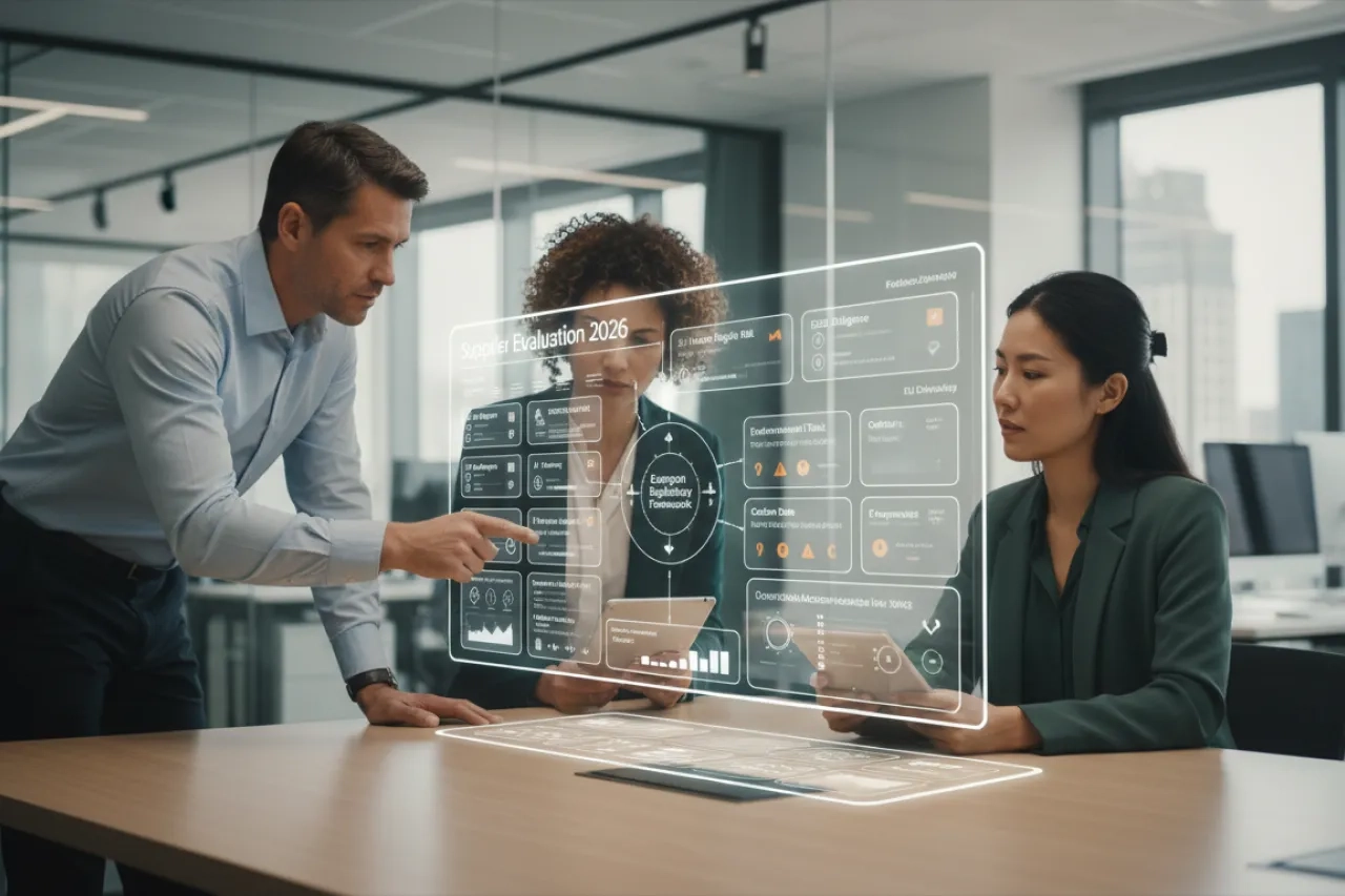 Équipe en bureau moderne analysant une interface transparente de conformité fournisseurs avec une matrice réglementaire 2026, des indicateurs ESG, des données de traçabilité et des tableaux de surveillance continue.