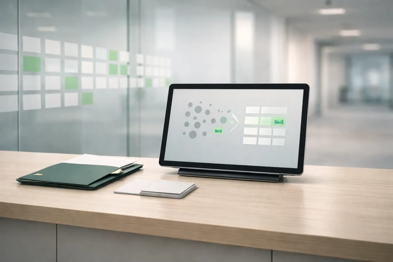 Espace de conformité lumineux illustrant la loi Sapin 2 : tablette avec workflow d’évaluation des tiers (icônes sans texte), dossier vert et suivi traçable des partenaires pour une diligence anticorruption continue.