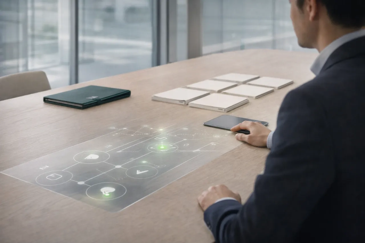 Bureau moderne illustrant la préparation à l’IA dans le TPRM : documents structurés alignés et interface intelligente intégrée émergent d’une tablette, symbolisant la transition vers une gestion prédictive des risques tiers.