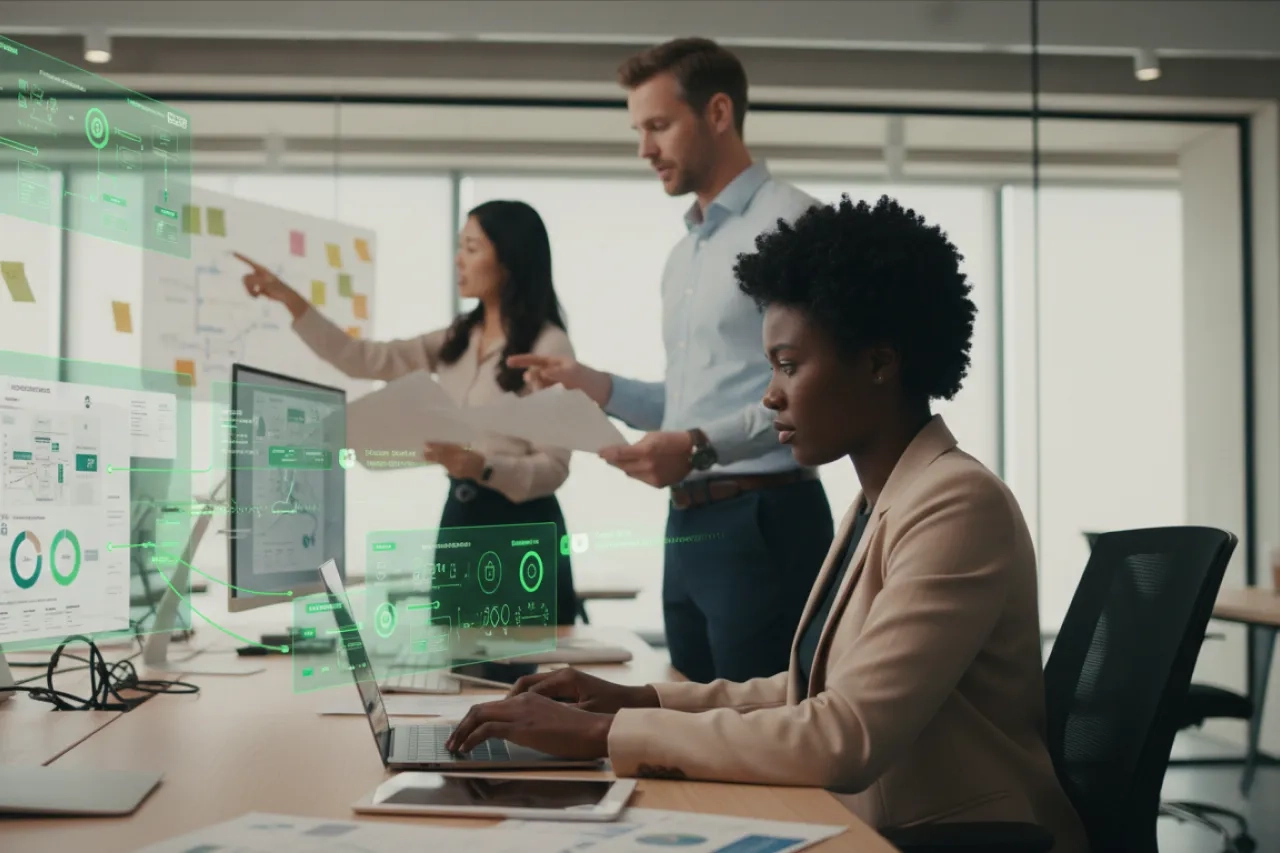 Équipe diverse dans un bureau moderne travaillant sur des données fournisseurs unifiées, avec éléments visuels verts représentant l’intégration native entre achats, juridique, conformité, cyber et ESG pour un TPRM plus efficace et une supply chain résiliente.