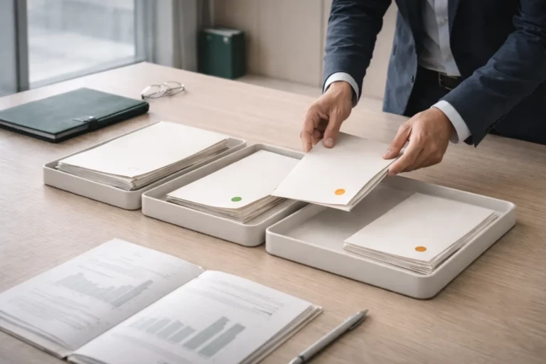 Segmentation physique de dossiers fournisseurs sur une table illustrant la mise en place de KRI financiers et le déclenchement d’une alerte précoce par la direction financière.