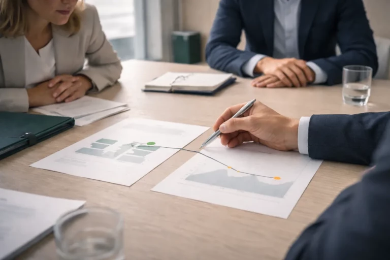 Réunion entre Finance, Achats et Risques reliant des indicateurs KRI fournisseurs à des scénarios financiers, illustrant la traduction du risque opérationnel en stress test financier.