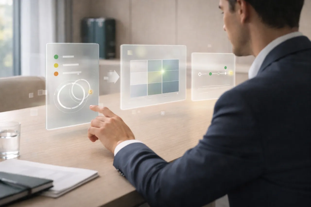 Professionnel Finance/Conformité dans un bureau lumineux, analysant des KRI fournisseurs via une interface futuriste en glassmorphism flottant, avec signaux, matrice de stress test et workflow d’actions, sans texte.