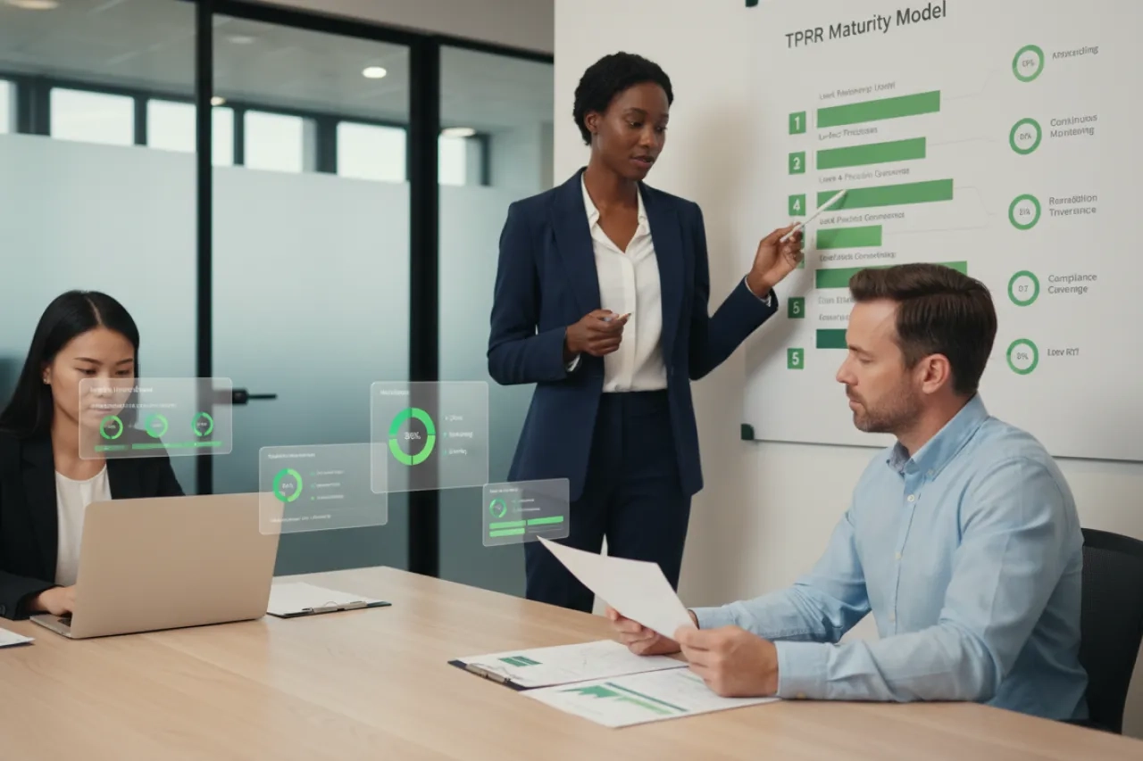 Équipe diverse dans un bureau moderne analysant la maturité TPRM à partir de rapports et d’indicateurs visuels verts, avec niveaux de maturité, KPI, monitoring continu et gestion du cycle de vie des tiers.