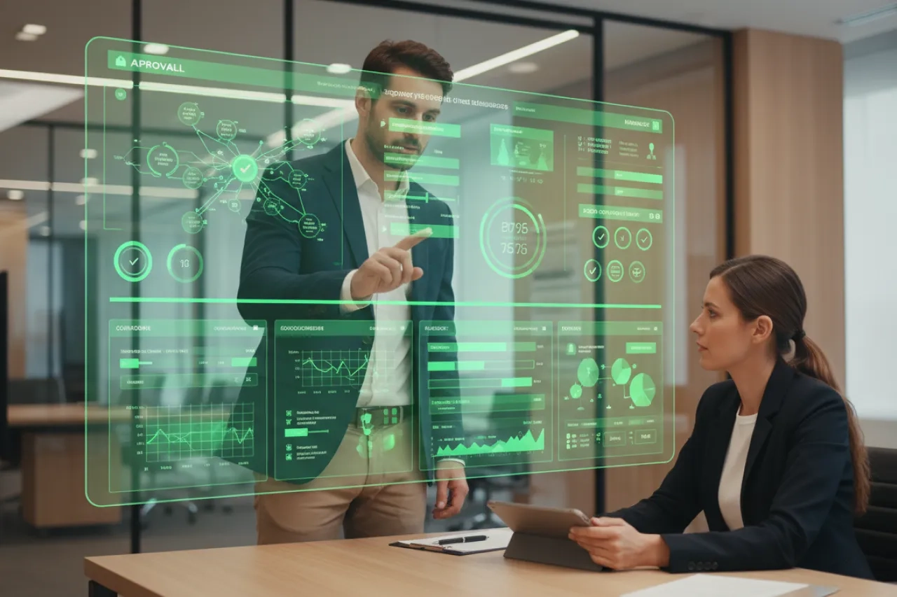 Équipe conformité et cybersécurité dans un bureau moderne analysant une interface transparente très marquée par le vert Aprovall, avec cartographie des fournisseurs, scoring cyber, surveillance continue et échéances de reporting NIS2.