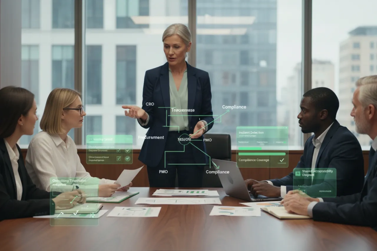 Comité de pilotage composé de profils divers en salle de réunion moderne, échangeant sur la gouvernance d’un projet TPRM avec documents, ordinateur portable et repères visuels verts représentant les rôles, les KPI et la coordination transverse.