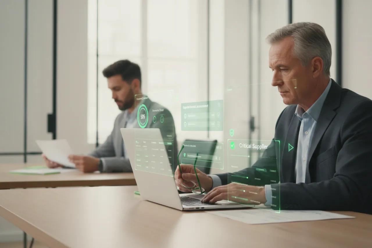 Risque financier : analyse de la solidité financière d’un fournisseur dans un bureau lumineux, avec indicateurs visuels de score de survie, signaux d’alerte, fraude potentielle et priorisation des actions.