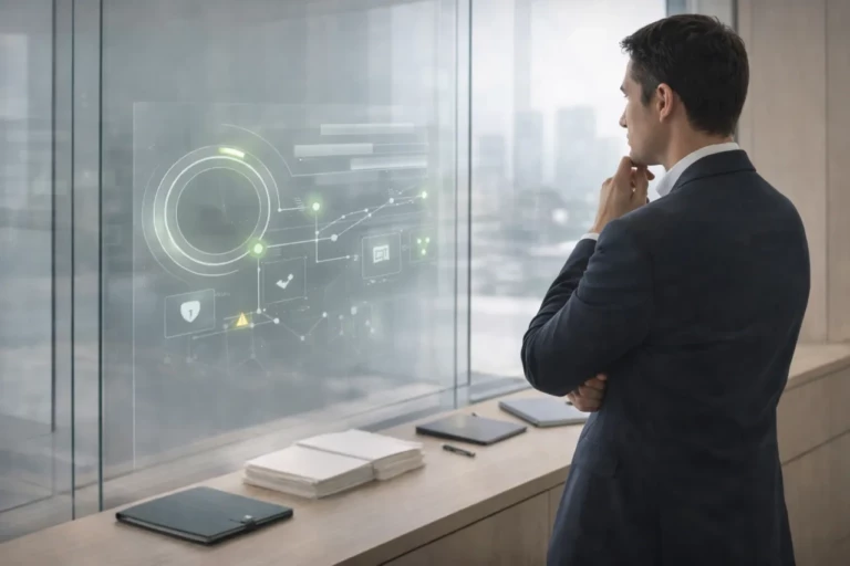 Directeur financier analysant un panneau digital moderne illustrant le scoring et le monitoring des risques fournisseurs, symbolisant la résilience financière et le pilotage stratégique en période d’instabilité.