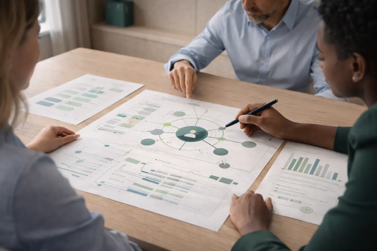 R&eacute;union autour de sch&eacute;mas de cha&icirc;ne de valeur et de collecte de donn&eacute;es ESG fournisseurs, illustrant le r&ocirc;le central des achats dans la structuration des donn&eacute;es Scope 3 pour la conformit&eacute; CSRD.