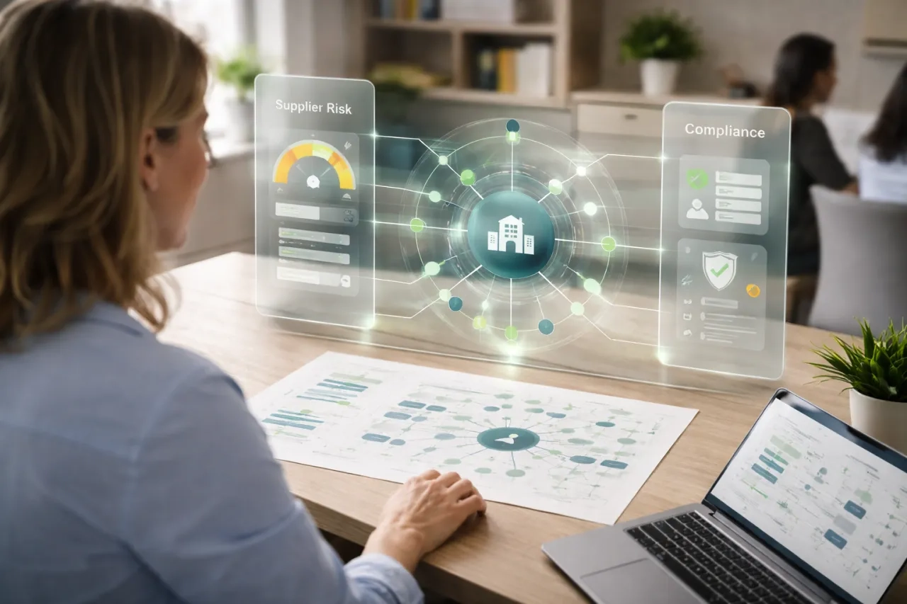 Professionnels analysant des schémas de réseau fournisseurs et de gouvernance des données fournisseurs, illustrant la transition d’un suivi sur tableur vers une gestion structurée des informations fournisseurs.