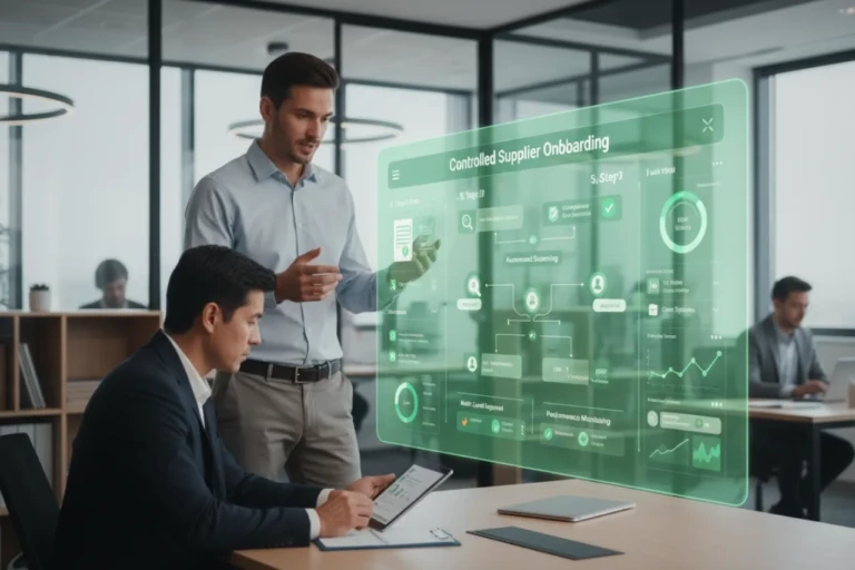 Deux professionnels en bureau moderne analysent une interface transparente de supplier onboarding très marquée par le vert Aprovall, avec étapes de validation, screening conformité, workflow d’approbation, intégration ERP et audit trail.