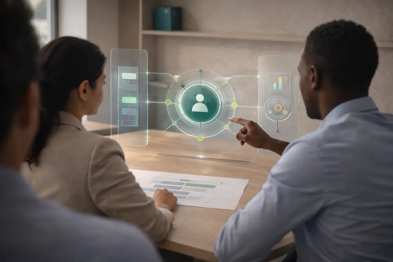 Deux responsables procurement et risk analysant ensemble une interface transparente de gestion du risque fournisseur, illustrant la collaboration entre &eacute;quipes achats et gestion des risques.