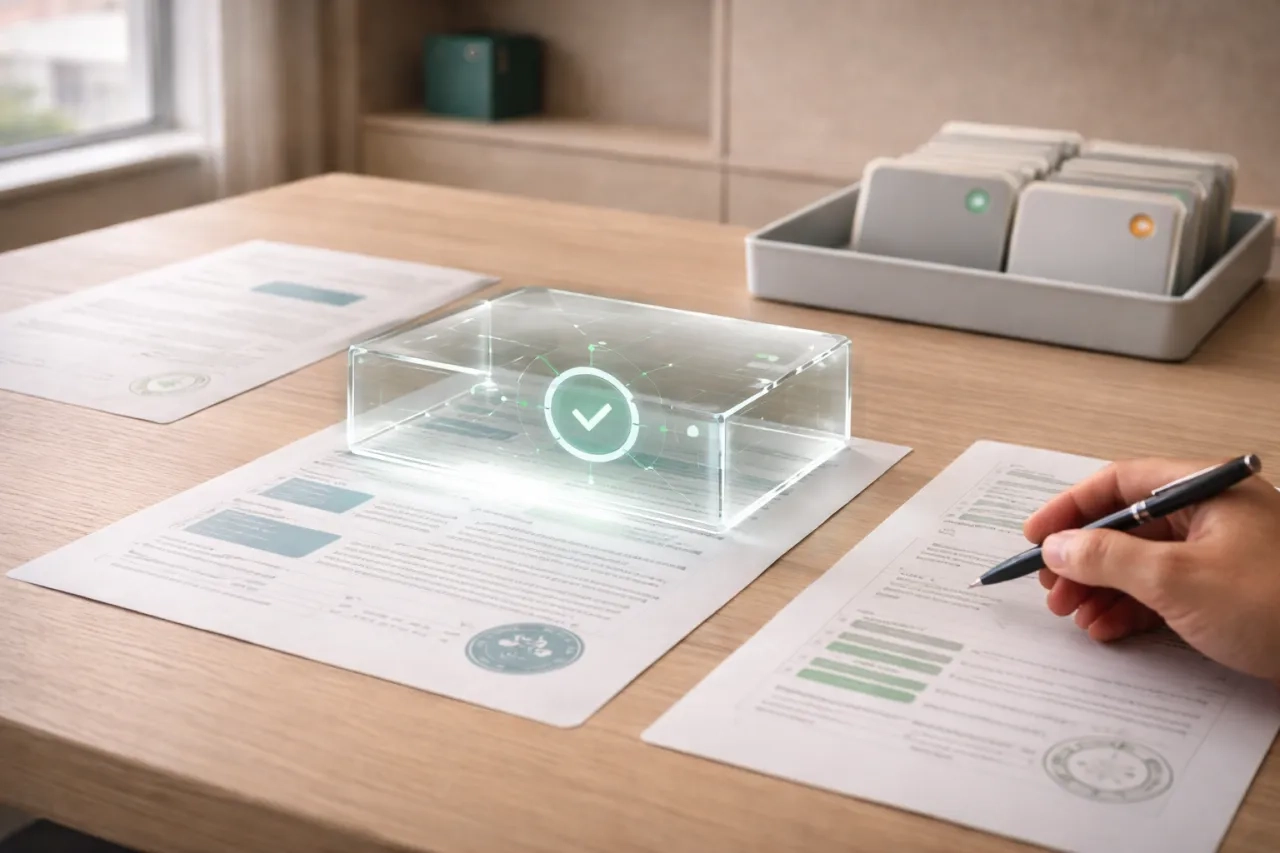 Documents fournisseurs analys&eacute;s &agrave; l&rsquo;aide d&rsquo;un dispositif de v&eacute;rification symbolisant l&rsquo;analyse automatis&eacute;e par IA avec validation humaine pour garantir la conformit&eacute;.